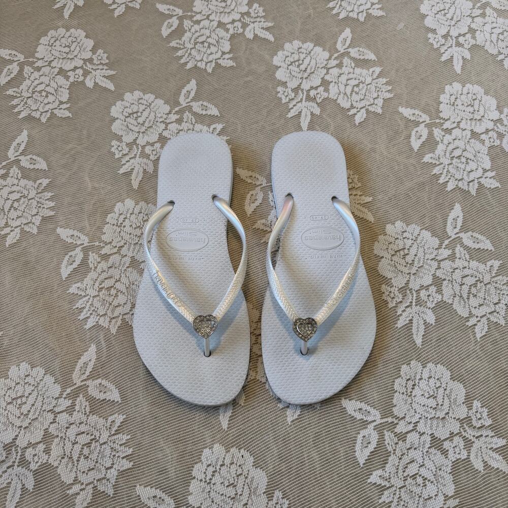 Havaianas Slim Crystal Heart White Flip Flops Size 39/40